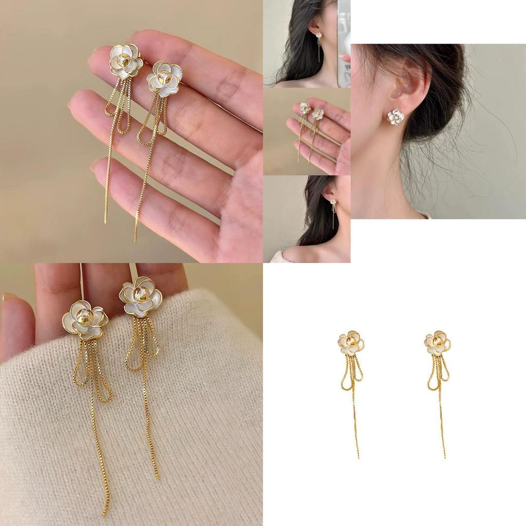 Elegant And Stylish Alloy Camellia Tassel Earrings Long And Slim Ear Thread Women's Fashion Accessories