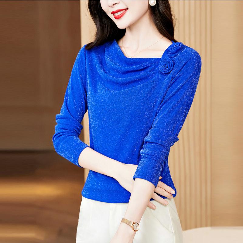 Glänzendes Netzoberteil mit verzierten Rosen Damen Frühling Herbst Neu Unterzieh-T-Shirts Langarm T-Shirt M-3XL