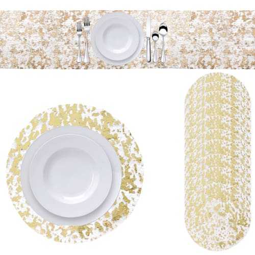 URROMA Disposable Gold Placemat Set, Dining Mat, Gold Foil Grid Table Runner, Sequin Glitter Foil, Metallic Gold Thin Mesh Table Decor, 11 Pieces