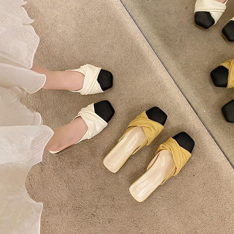 Low-heeled Bag Head Half Slippers Women's Outer Wear 2025 New Spring Flat-bottomed Lazy Sandals Internet Celebrity Half-tray Single Shoes Women