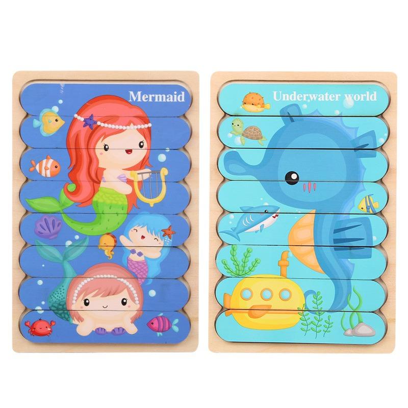 Kids New Wooden Two-sided Strip 3D Puzzles Wood Vehicle Fruit Jigsaw Puzzle Toy for Children Baby Learning Educational Toys Gift