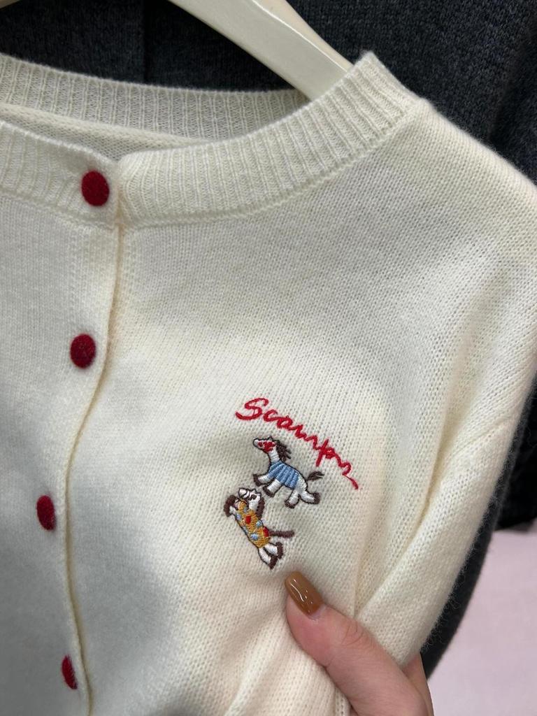 Plus Size Women's New Year Round Neck Knit Cardigan with Little Horse Embroidery – Autumn/Winter Long Sleeve Top