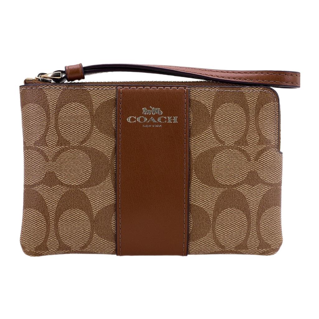 Coach Corner Zip 16 Zipper Closure Monogram Canvas With Leather Wristlet Coin Purse Clutch Women Wristlet Brown 58035-IME74
