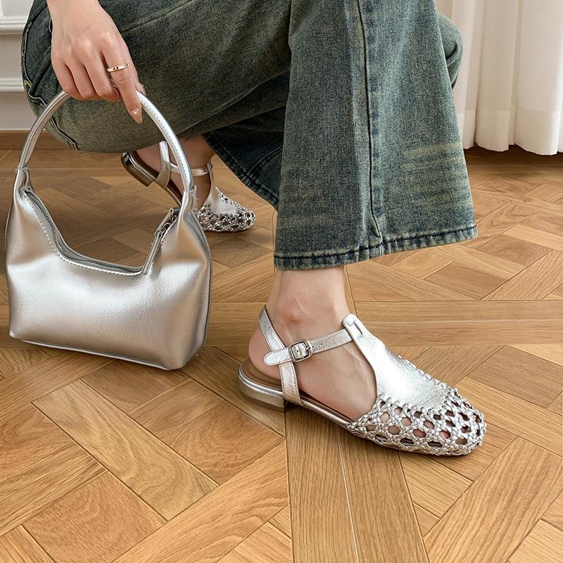 Fashion Women's new summer square head genuine leather cowhide woven hollow out comfortable and breathable low heel toe Muller sandals