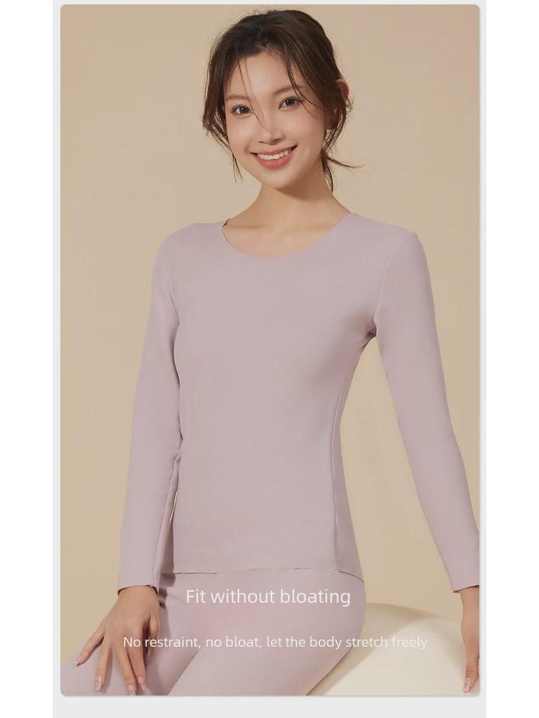 Damen Langarm Thermo-Oberteil aus deutschem Samt: Slim Fit, Rundhalsausschnitt, Einfarbig, Übergröße, Herbst/Winter Wärme.