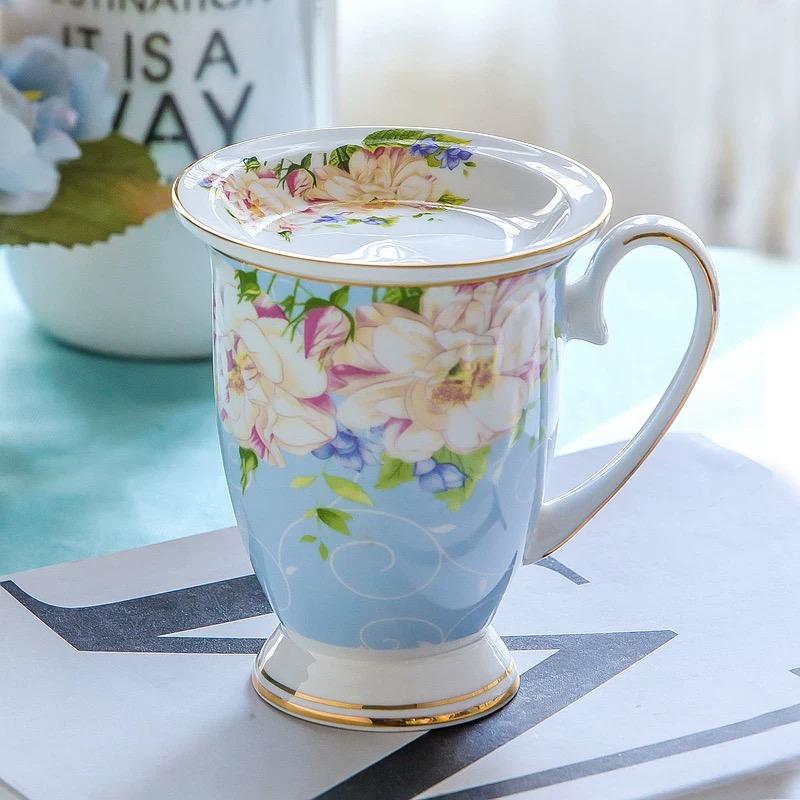 300ml Bone China Coffee Mugs- Blue Pink Elegant Floral Tea Mug with Gold Trim, Large Capacity Ceramic Cup for Coffee Tea and Milk for Home Office