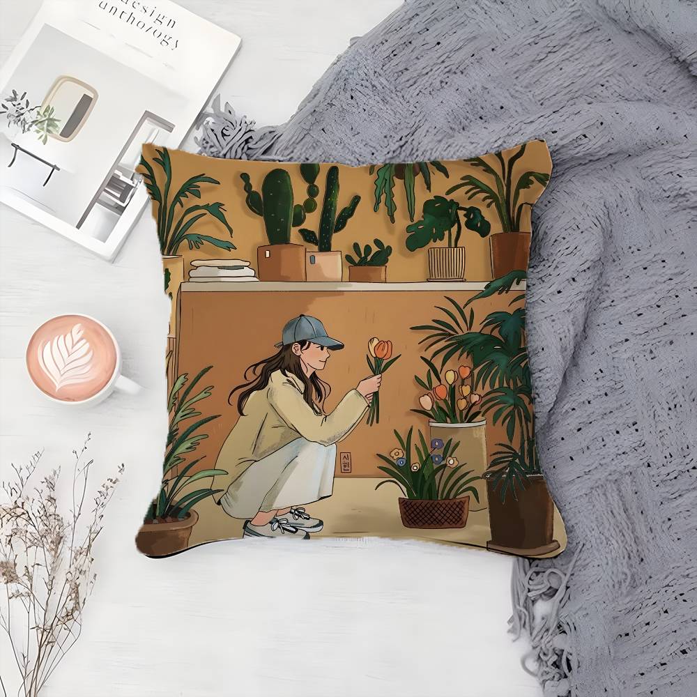 Elegante Einfache Blumenzüchtendes Mädchen Kissenbezug Druck Kissenbezug Wohnzimmer Sofa Kissenbezug Schlafzimmer Zimmerdeko