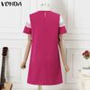 VONDA Summer Women Round Neck Long Sleeve Lace Patchwork Straight Mini Dress