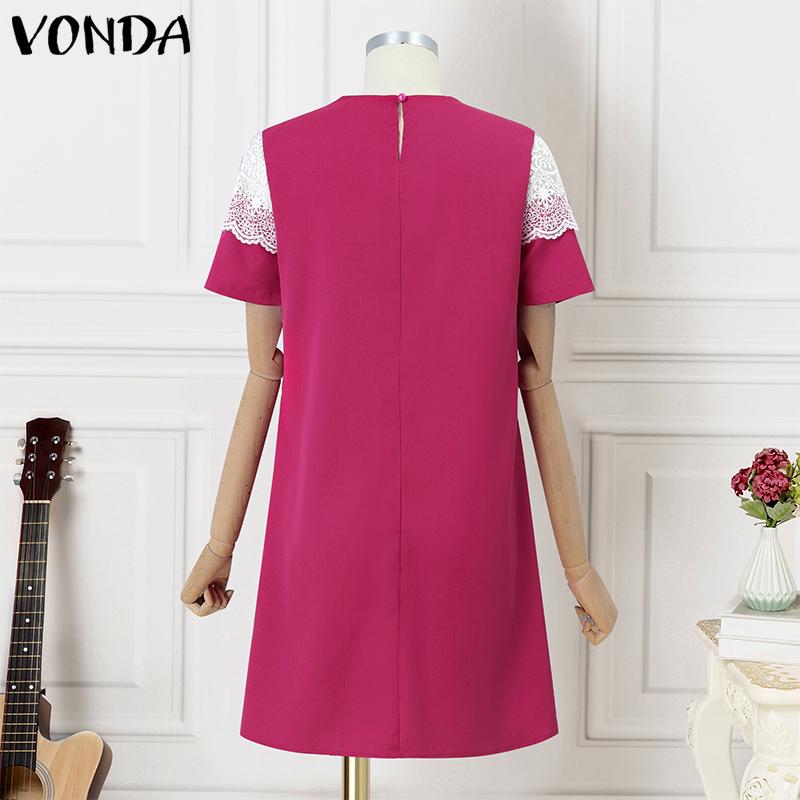 VONDA Summer Women Round Neck Long Sleeve Lace Patchwork Straight Mini Dress