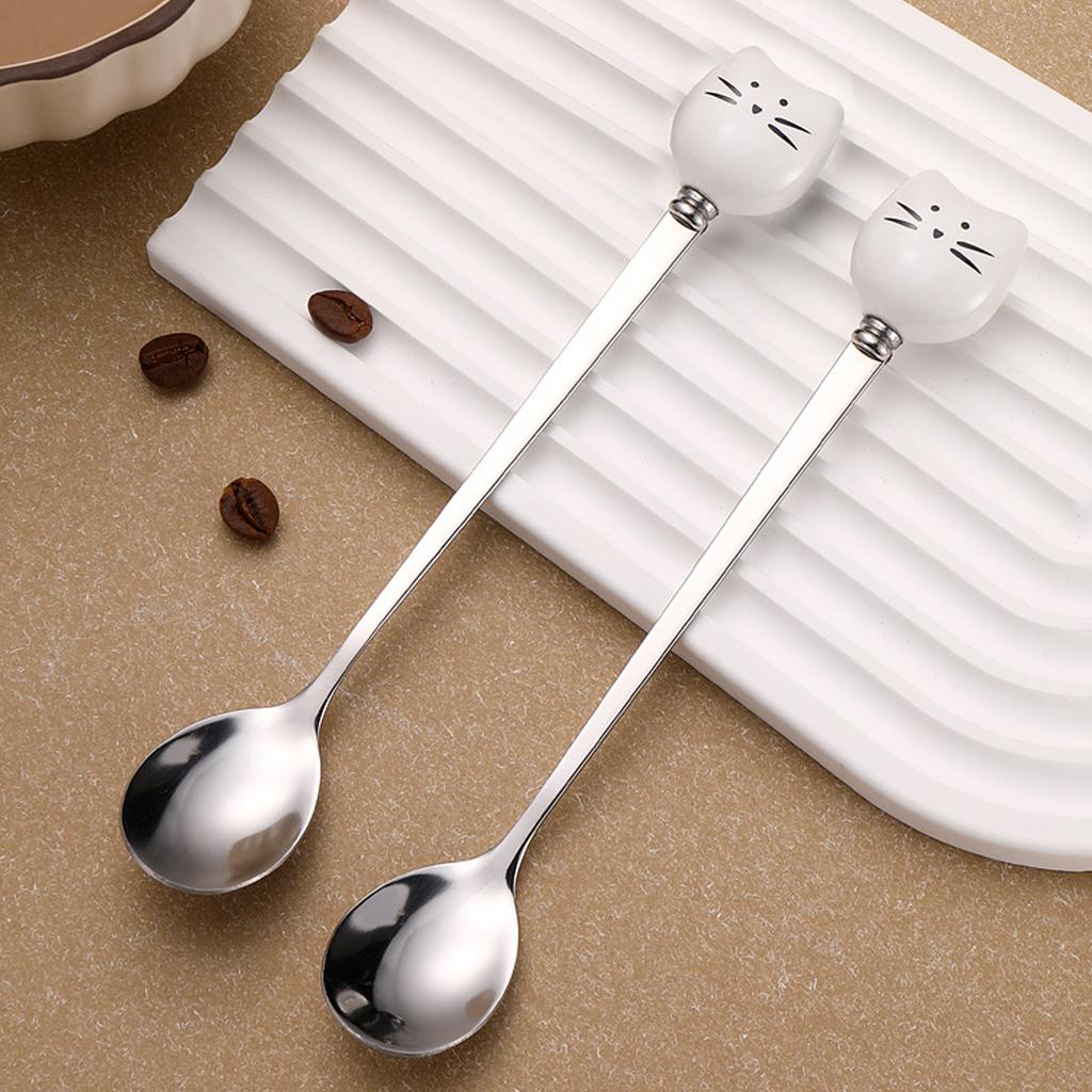 Cute Cat Spoon Stainless Steel Long Handle Spoon for Tea Coffee Ice Cream Dessert