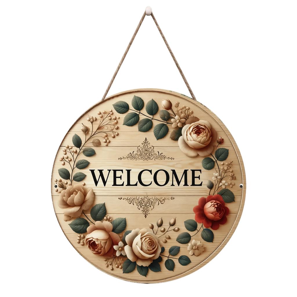 Round Wooden Welcome Sign Hanging Door Decor Floral Wreath Design Rustic Style Wall Ornament for Seasonal Holiday Parties Indoor Outdoor Use