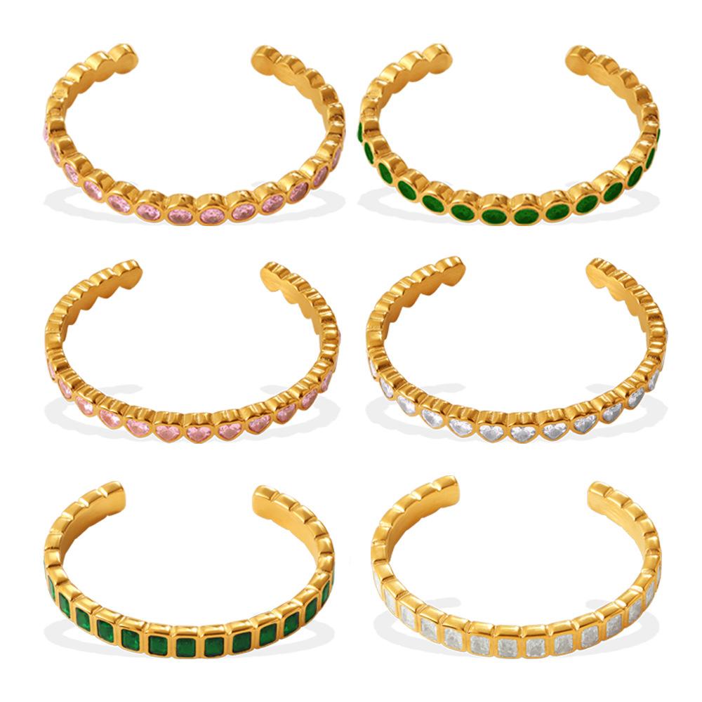 Light Luxury Retro Style Multi-Color Zircon Open Bracelet Stainless Steel Stacked Versatile C-Shaped Bracelet