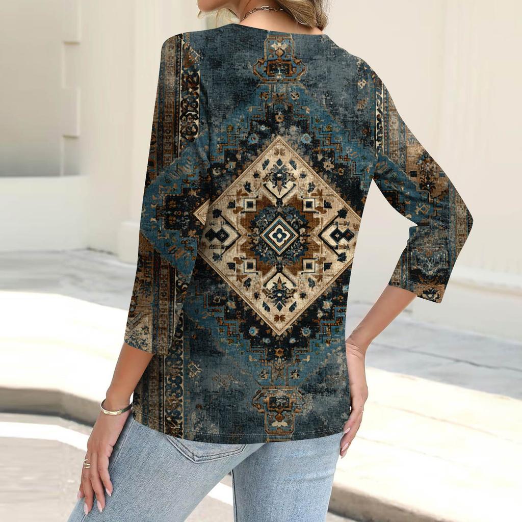 Women's Fashion Casual Printing Button-down Shirt 3/4 Long Sleeve Tops