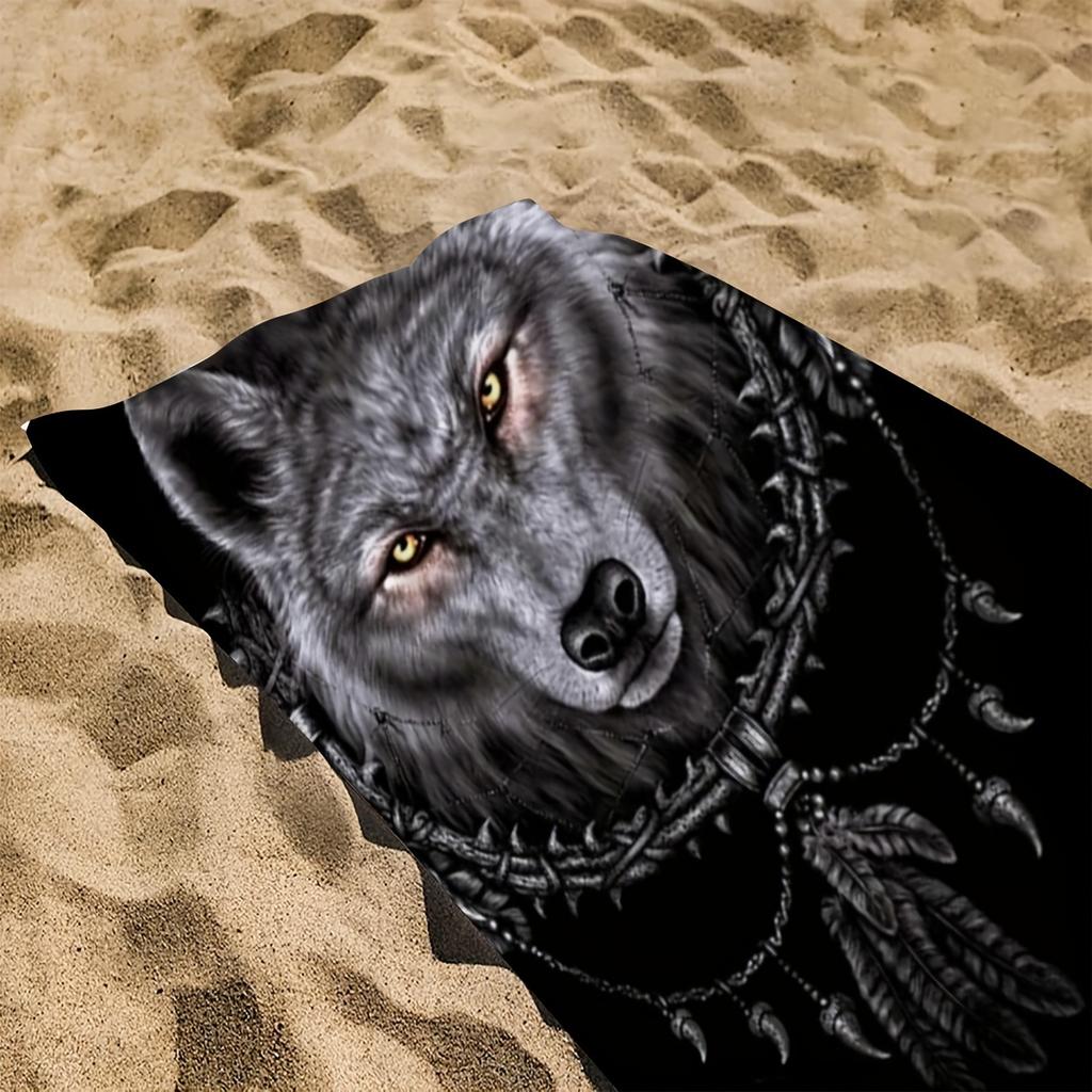 Wolf Head Dreamcatcher Beach Towel, Tribal Boho Animal Art Quick-Dry Sand-Free Microfiber Bath Towel for Summer Pool and Travel