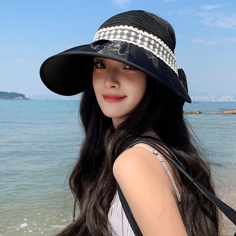 Summer Hat Women's Sunshade Sunscreen Sun Hat Empty Top Grid Large Brim Fashion Bow