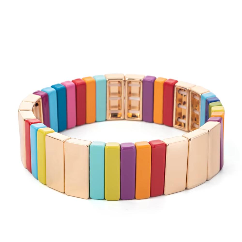 New Fashion Deil Eye Enamel Bangle for Women Colorful Beaded Boho Rectangle Shape Hand Accessory