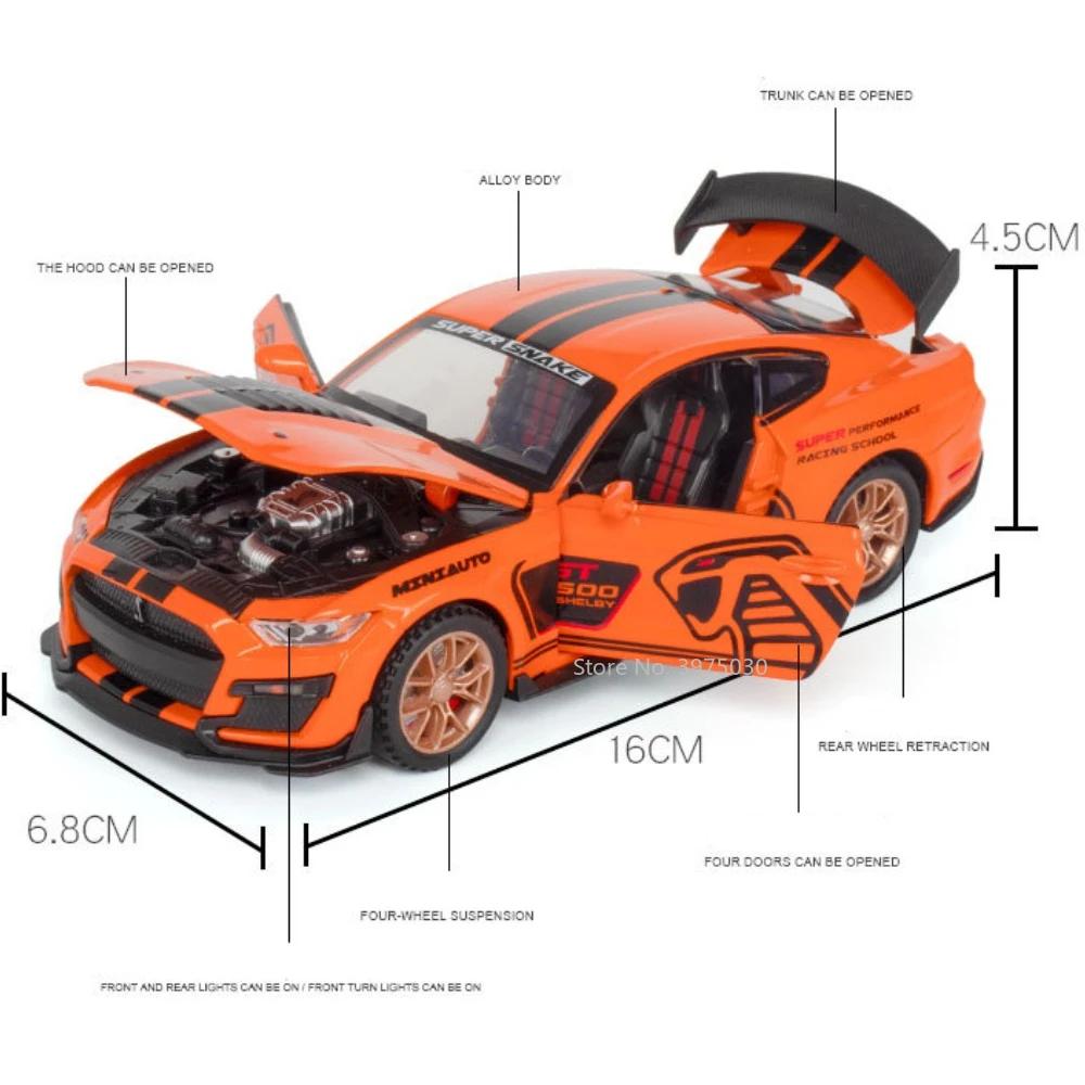1/32 Sportwagen-Modellauto, Mustang Shelby GT500, Druckgussmetall, hochsimulierte Sound- und Lichtsammlung, Kinderspielzeug-Geschenke