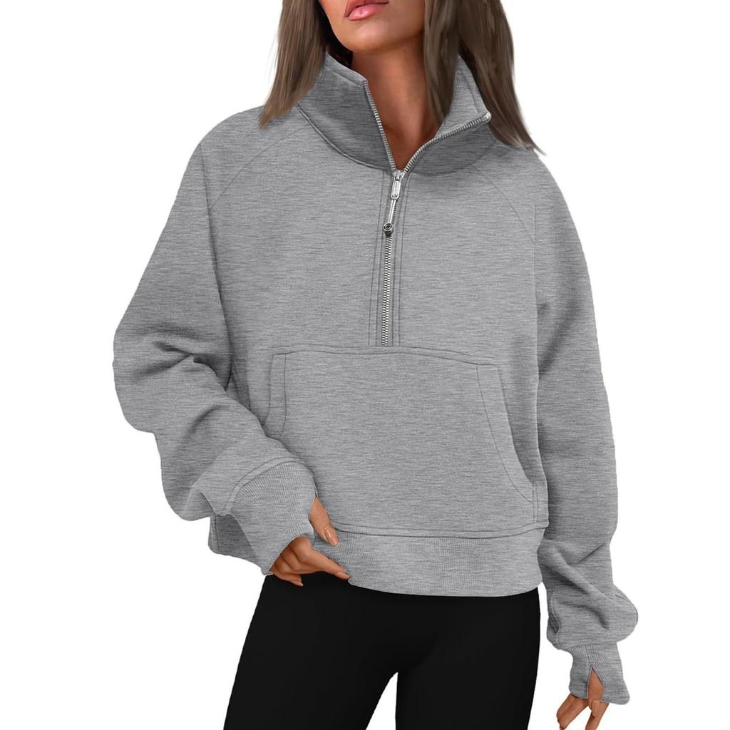 Women's Stand Collar Plus Fleece Solid Color Hoodie Long Sleeve Pocket Loose Half Zip Pullover Hoodie Top