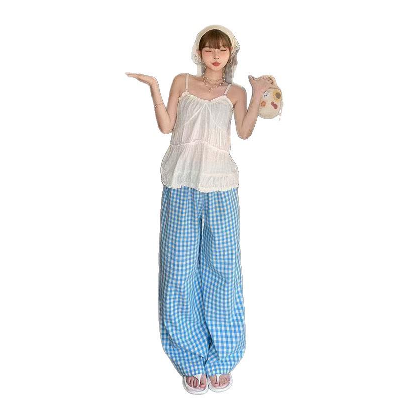 Dopamin Karomuster Weitbeinige Damen Hose - Frühling/Herbst, Hohe Taille, Gerades Bein, Lässig