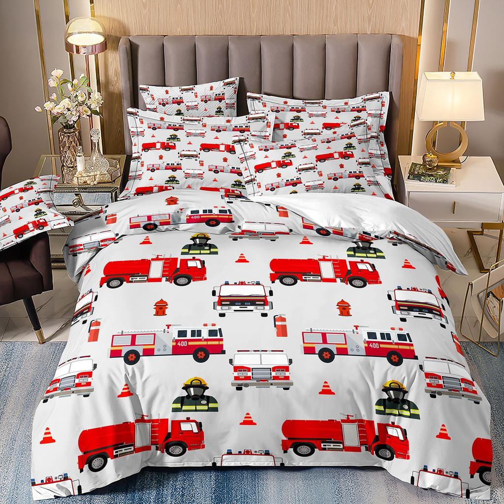 Bedding Three-Piece Set 3D Digital Printing Cartoon Fire Truck Children'S Polished Duvet Cover