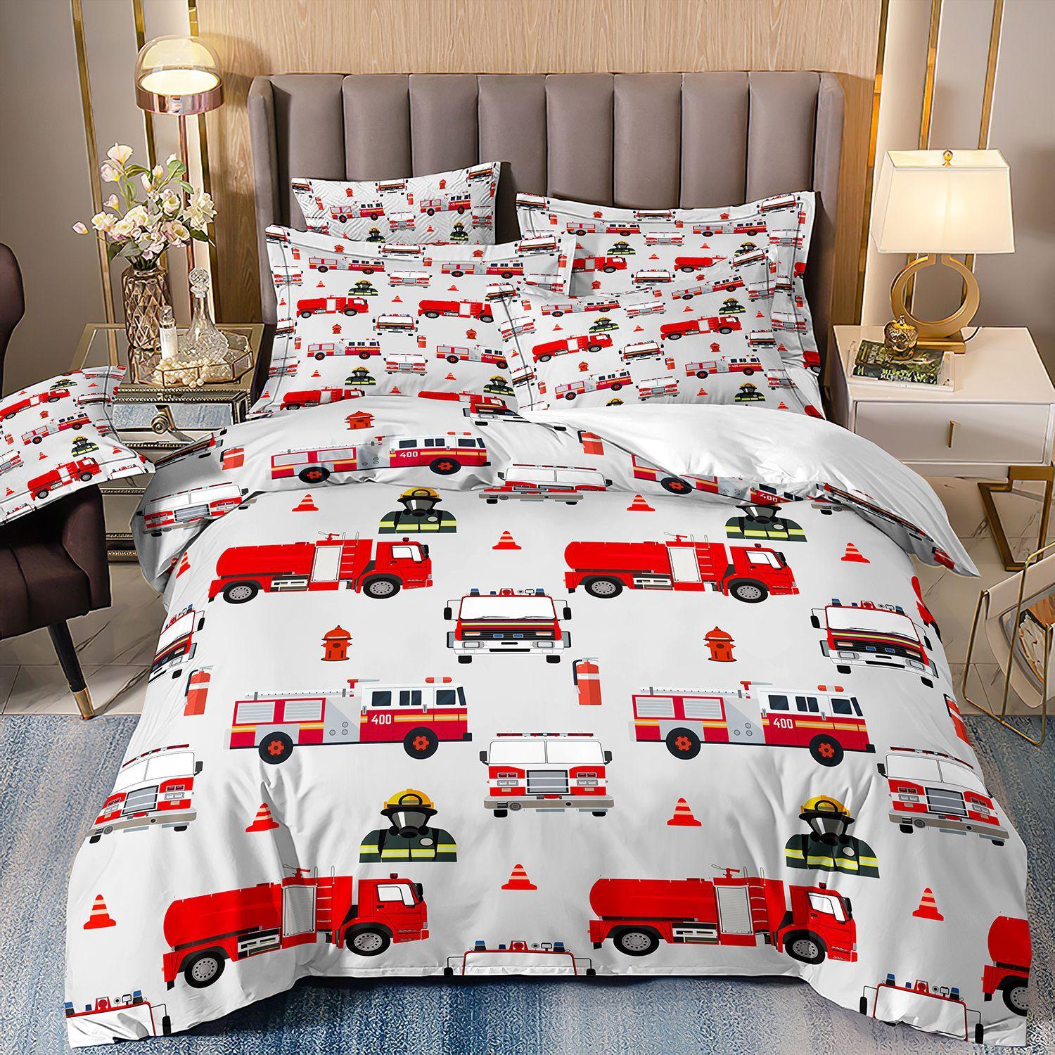 

Bedding Three-Piece Set 3D Digital Printing Cartoon Fire Truck Children S Polished Duvet Cover cover 70 * 133 and 50 * 75 * 1