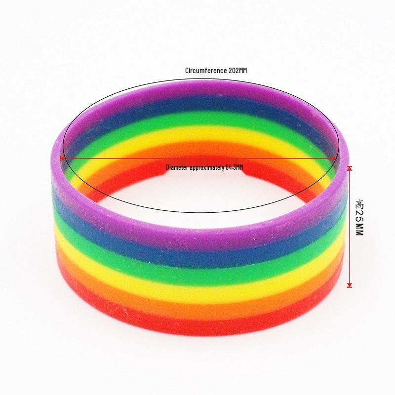 European-American Silicone Rainbow Bracelet: Six-Layer Multicolor Wristband In Red, Orange, Yellow, Green, Blue, and Purple.