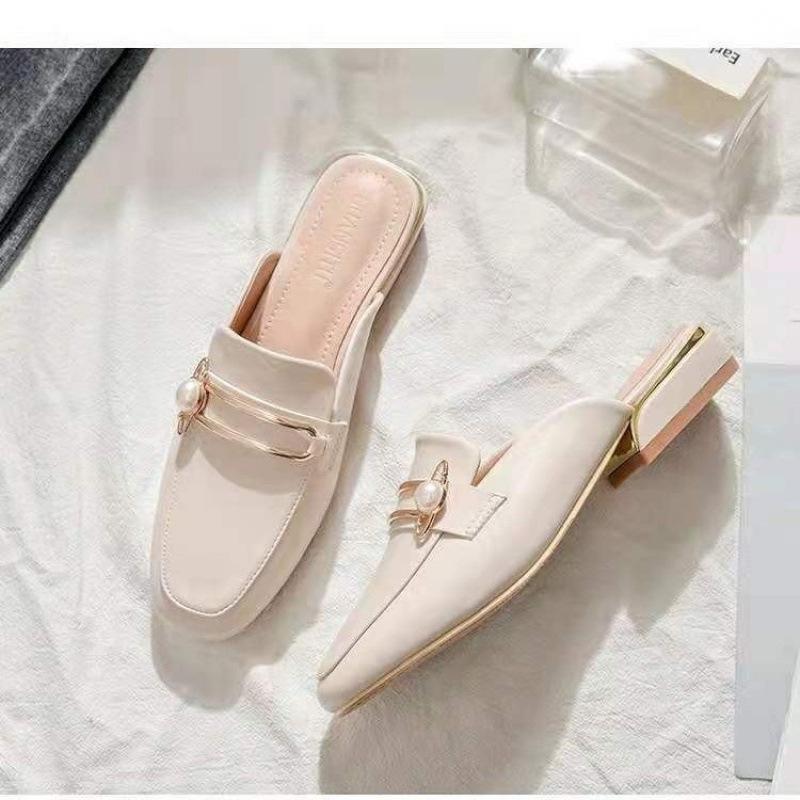 

Весна и лето, новые металлические пряжки, жемчужный плоский каблук, мягкая подошва, повседневные и удобные женские туфли в британском стиле с каблуком-росой, полузатянутым каблуком 40