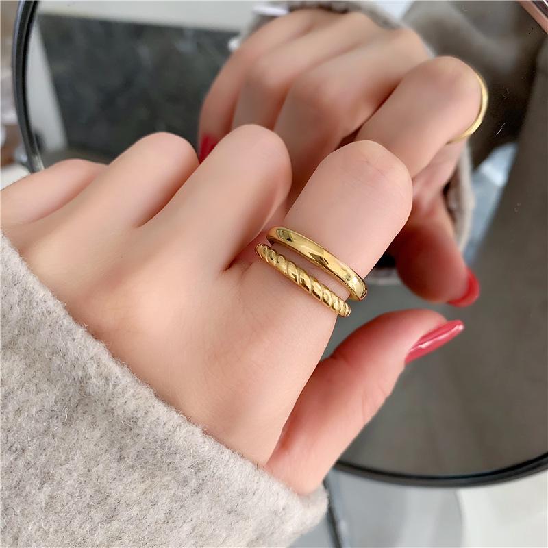 Personalized 18K Gold-Plated Titanium Double Layer Chain Ring - Trendy Retro Fashion for Women