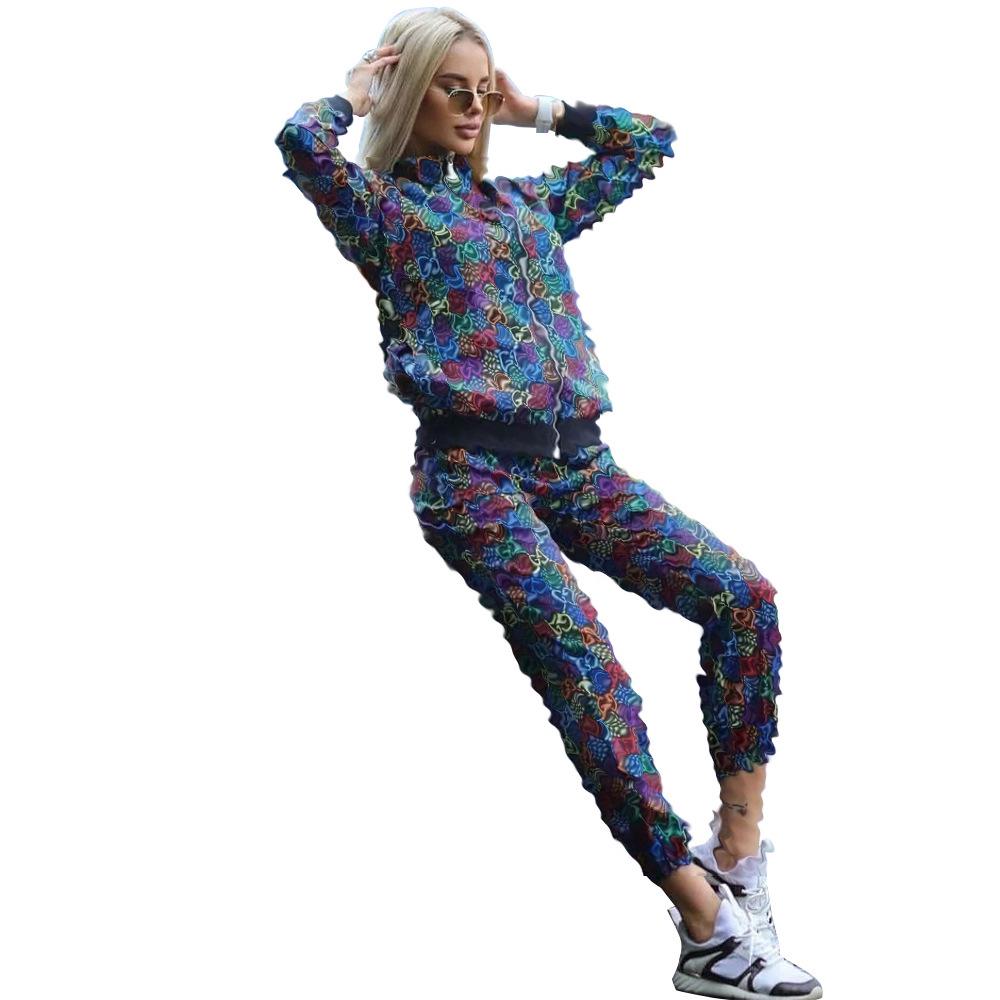 

Женский осенне-зимний модный двухпредметный комплект в рубчик с карманами и принтом на молнии L