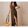 Women's Elegant Solid V-neck Sleeveless Side Slit Long Maxi Dress  Casual Summer Wear for European American