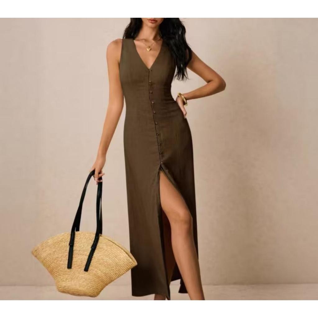 Women's Elegant Solid V-neck Sleeveless Side Slit Long Maxi Dress Casual Summer Wear for European American