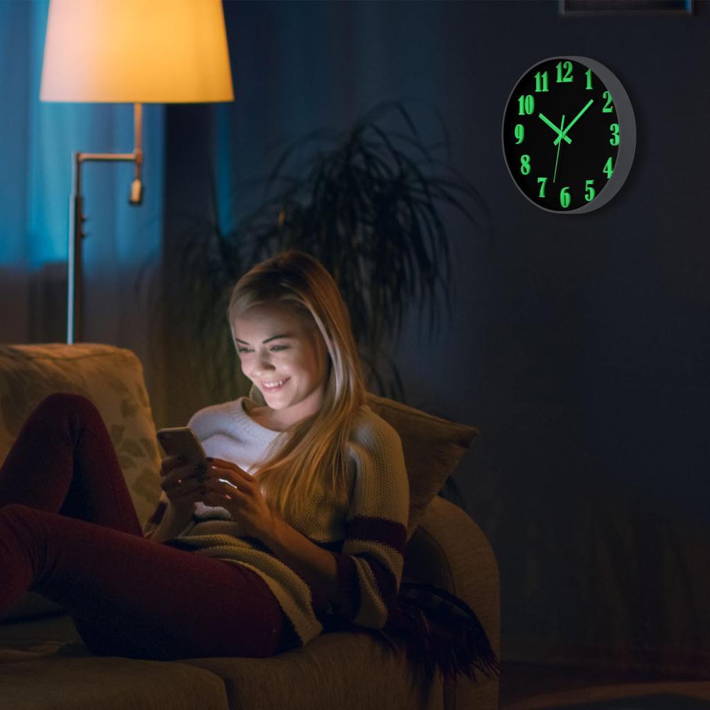 AUTVIVID Luminous Wall Clock, Silent, Continuous Second Hand, Large Dial, Automatically Illuminates in Darkness, Luminous, 3D Large Dial, Easy to Read