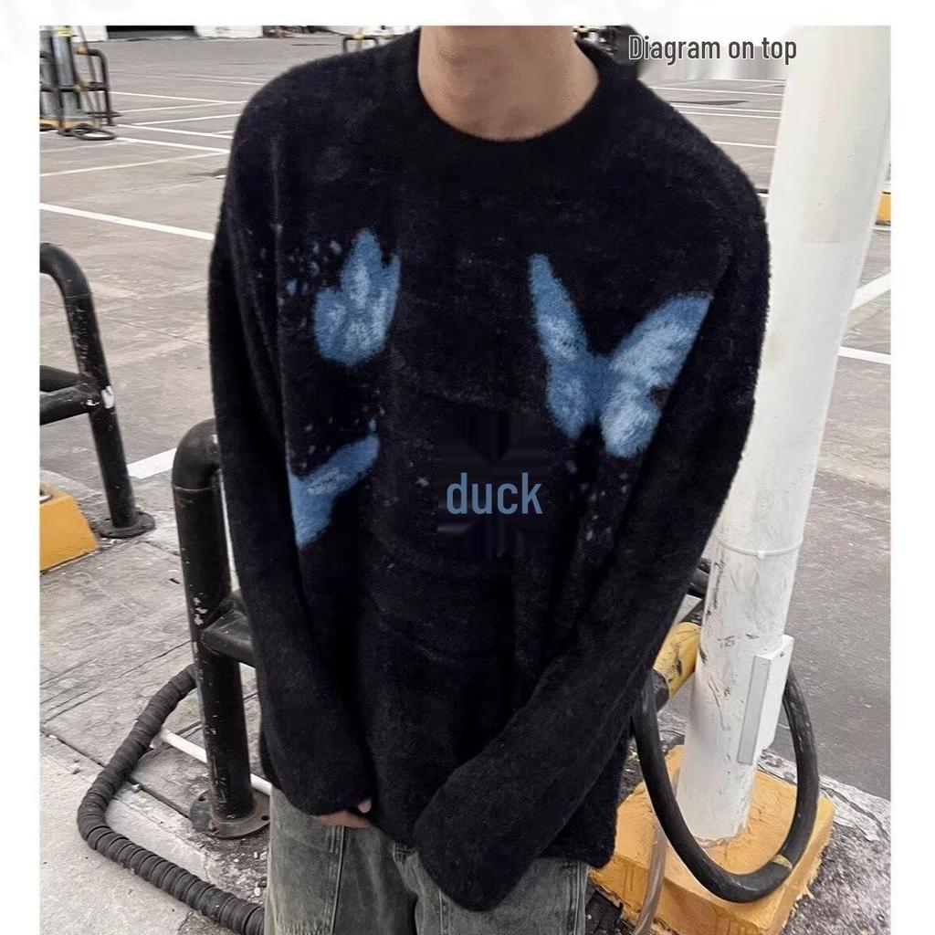 Unisex Butterfly Round Neck Sweater - Trendy, Soft & Fluffy Knit for Winter