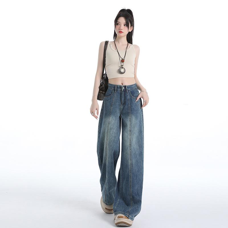 Women's High-Waisted Retro Straight-Leg Jeans - Loose, Slimming, Floor-Length Design for Autumn