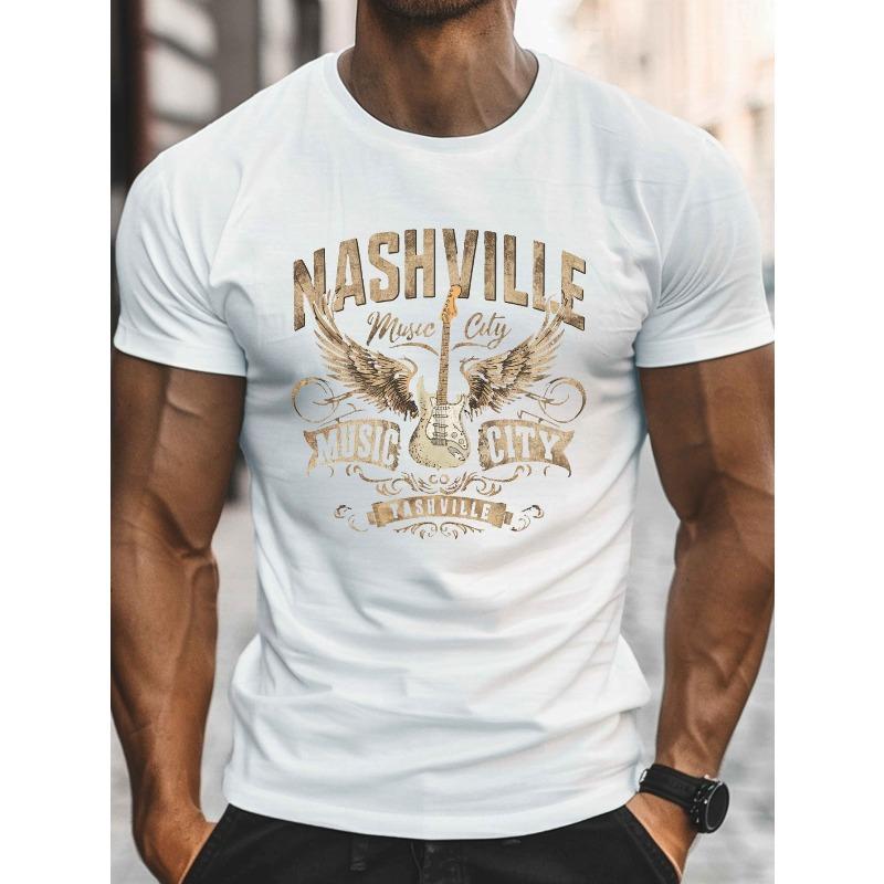 Europäische Größe Herren Nashville Music City Gitarren Grafik T-Shirt - Schwarz mit Goldener Schrift, Lässiges Kurzarm Rundhals Sommer T-Shirt
