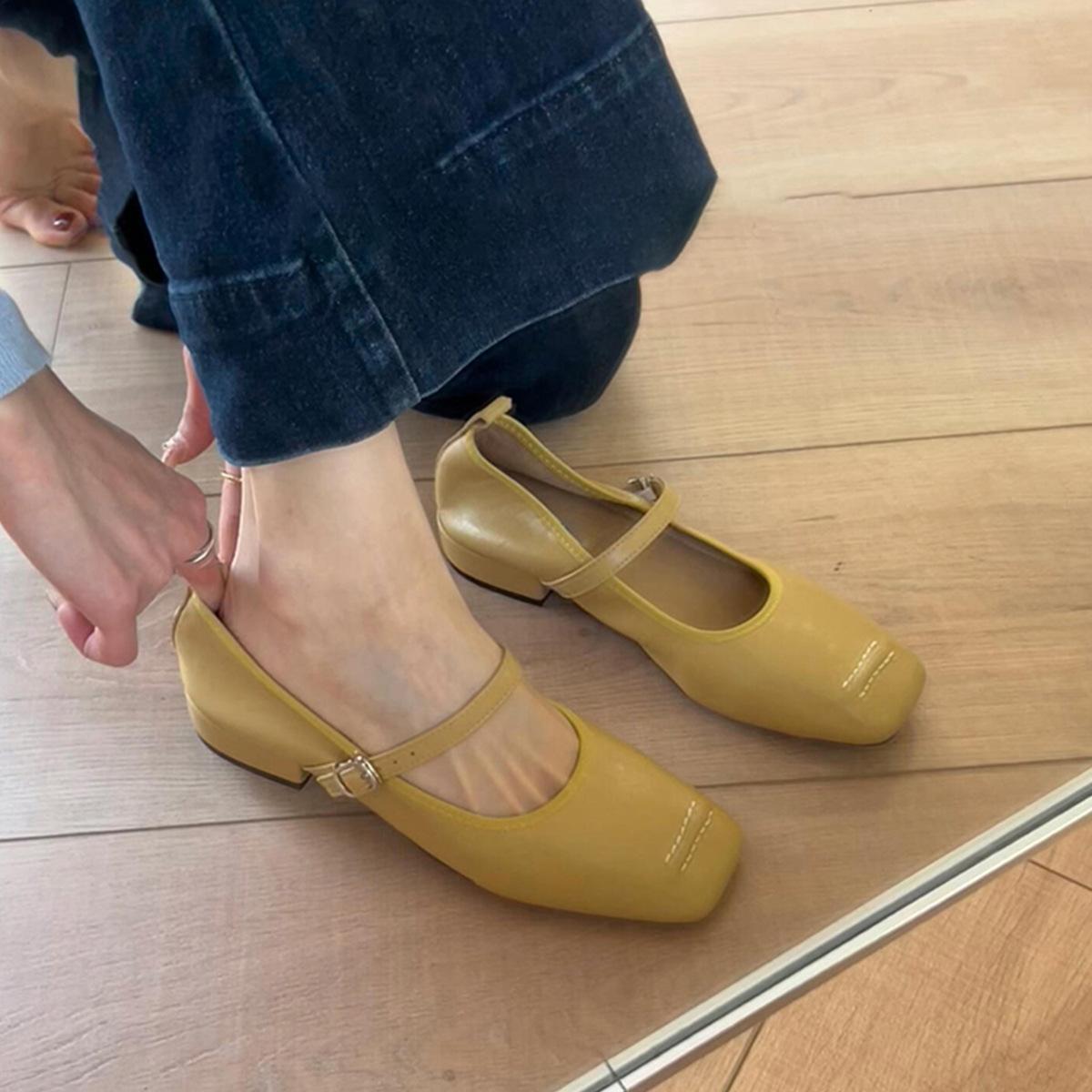 

Версия из мягкой кожи~ Удобные туфли Мэри Джейн из мягкой кожи женские, с темпераментом, универсальные, повседневные, маленькие одинарные туфли на низком каблуке, маленькие кожаные ш 35 жёлтый