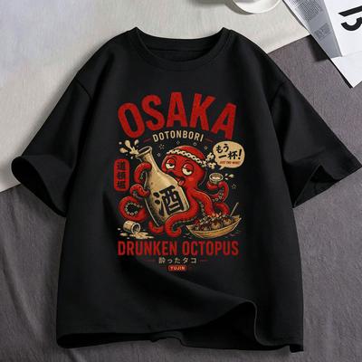 Osaka Dotonbori Drunken Octopus Graphic T Shirts Japanese Style Street Food Lover T-shirts Cotton Casual Short Sleeve Tee Shirt