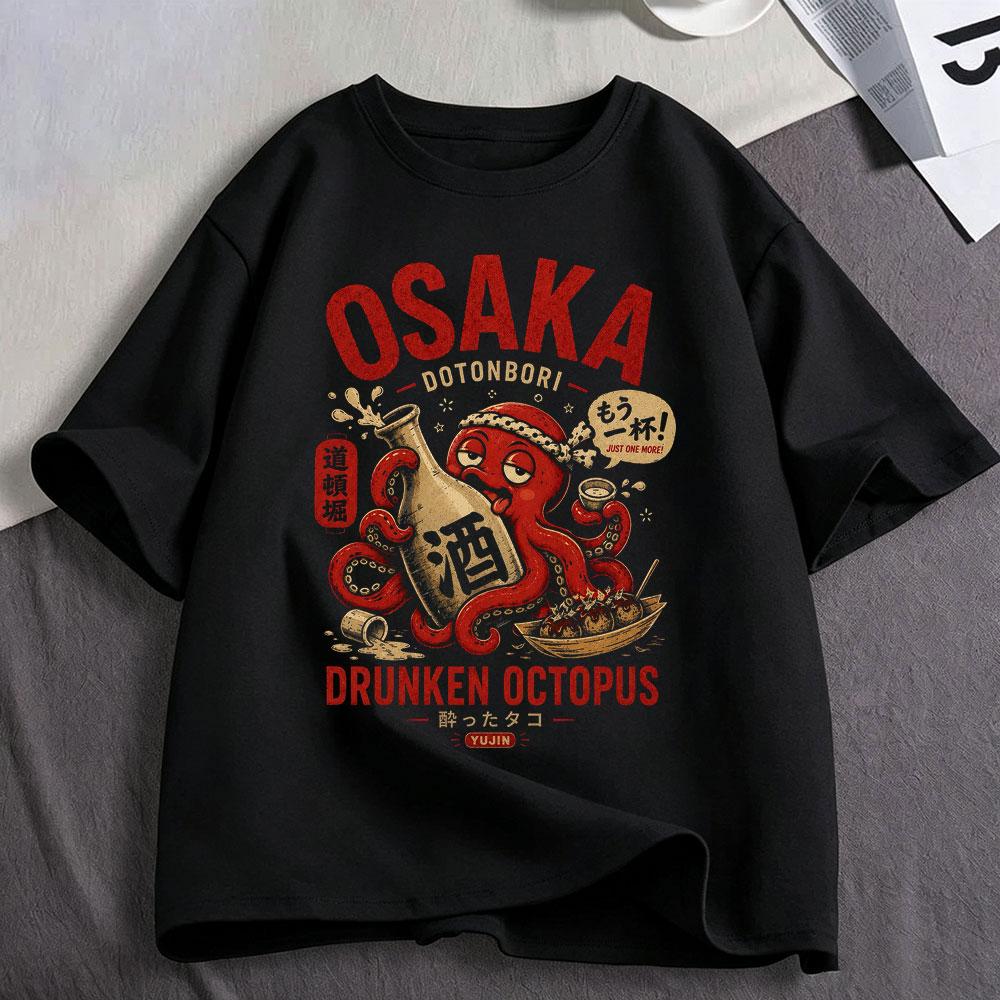 Osaka Dotonbori Drunken Octopus Graphic T Shirts Japanese Style Street Food Lover Tshirts Cotton Casual Short Sleeve Tee Shirt