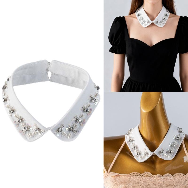 Stylish False Collar with Shimmering Beads Decorative Lapel Collar for Women Girl Evening Business and Casual Outings