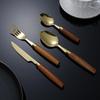Cylindrical Wood Handle 304 Stainless Steel Cutlery Set: Knife, Fork, Spoon for Main Course & Dessert