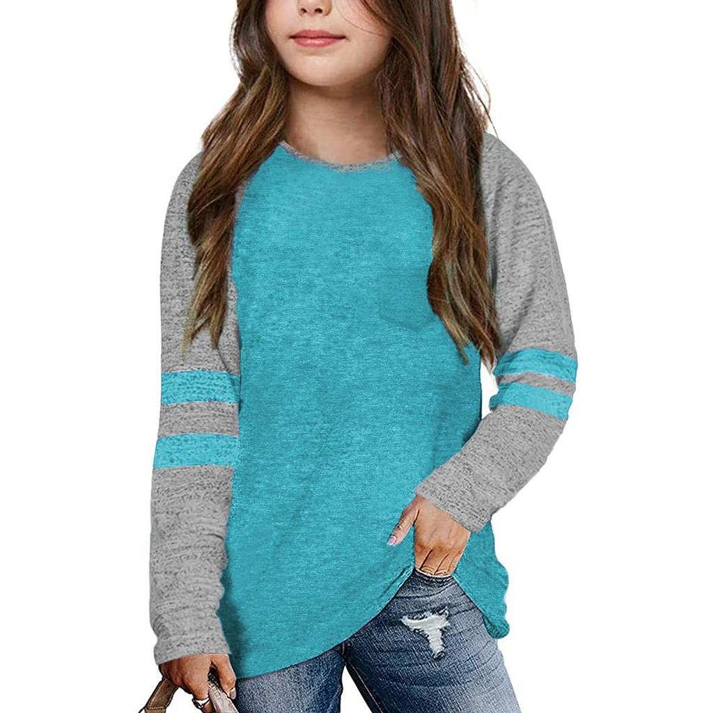 Girls Shirts For 4-15 Years Long Sleeve Raglan Crewneck Tops With Pocket