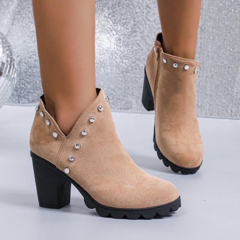 Large Size High Heel Fashion Boots Women's New Round Head Thick Heel Rhinestone Women's Boots