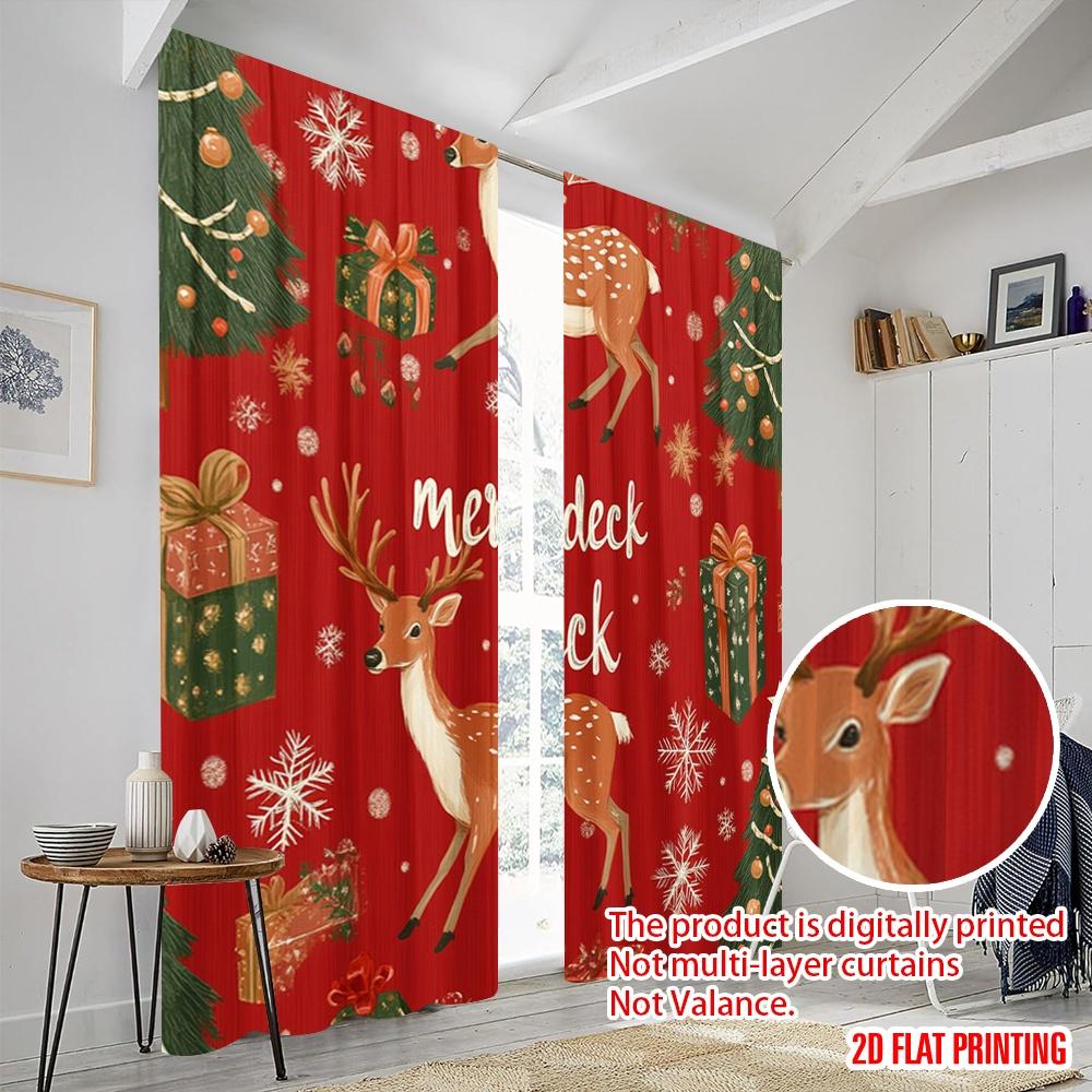 2pcs,2D Plane Printing Light Filtering Curtains Deer Christmas Trees Snowflakes Gifts Durable 100% Polyester Fabric (without