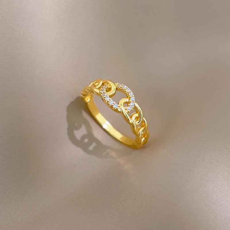 Real Gold Light Luxury Chain Full Diamond Ring Opening Adjustable Simple Jewelry Japanese Ring Couple Ring