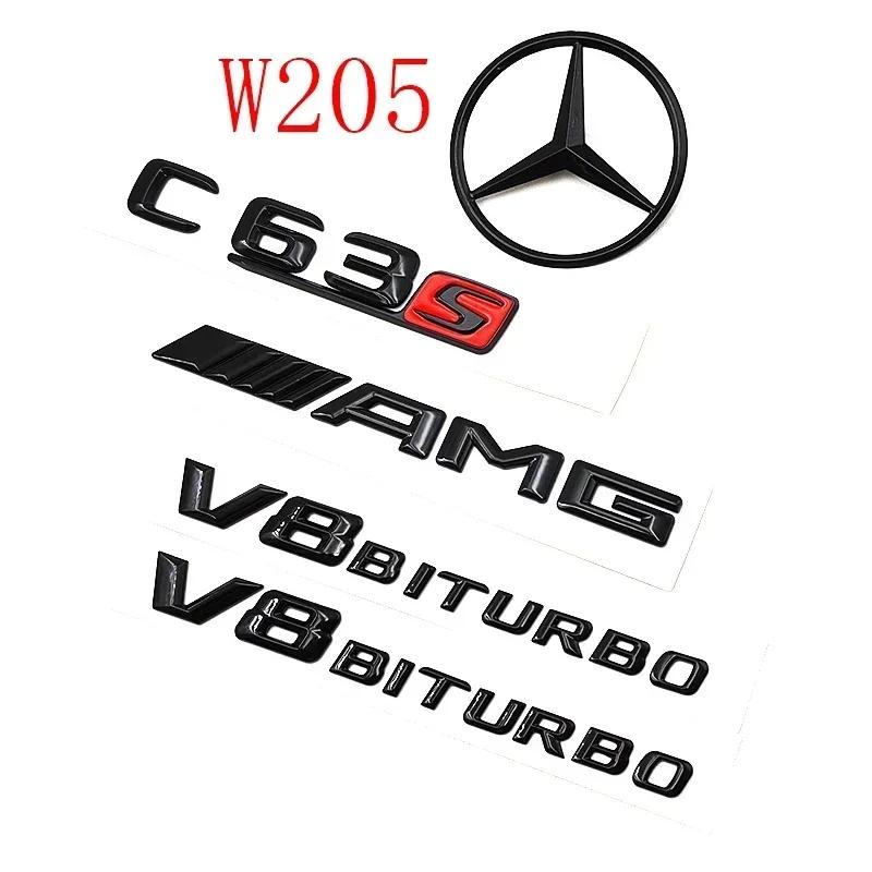 XHXII1 For Mercedes Benz 3D Black C63S Logo Letters V8 BITURBO Badge Car Rear Star Sticker Trunk AMG Emblem For Mercedes Benz AMG W205