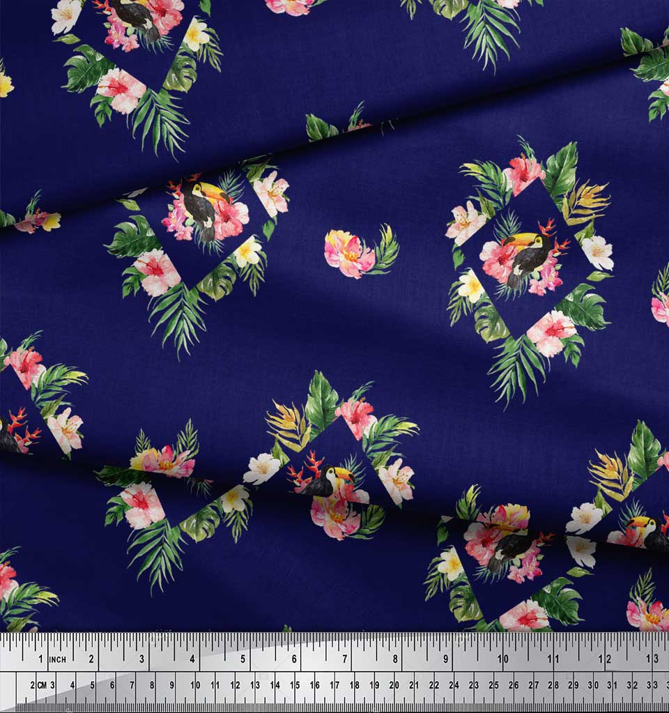 Soimoi Blue Poly Crepe Satin Fabric Bird & Floral Print Print Fabric by the Metre 42 Inch