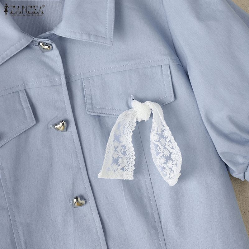 ZANZEA Women Turn Down Collar Casual Short Sleeve Lace Bow Cropped Blouse