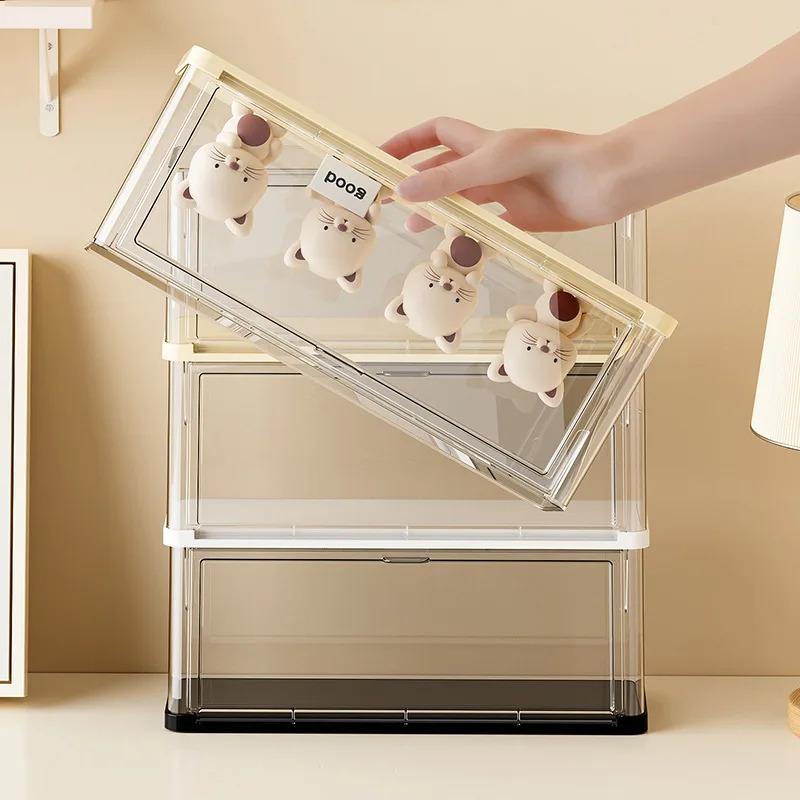 Stackable blind-box storage case, figure display box, dustproof PET clear organizer with stand for dolls and collectibles