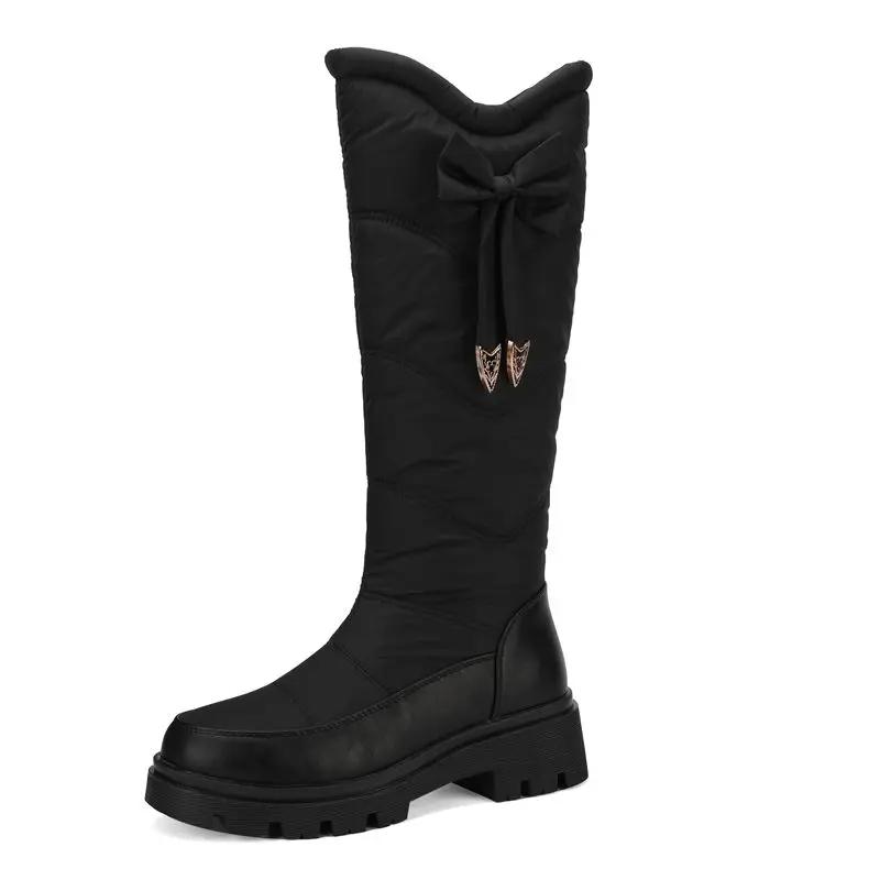 Winter Snow Shoes Round Toe Thick Heels 5cm Slip On Bowknot Waterproof Plush Warm Knee High Bota Big Size 43 44