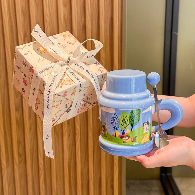 Cute Fairy Tale Puppy Water Cup Couple High Value Ceramic Mug with Lid Spoon Birthday Graduation Gift for Boys and Girls